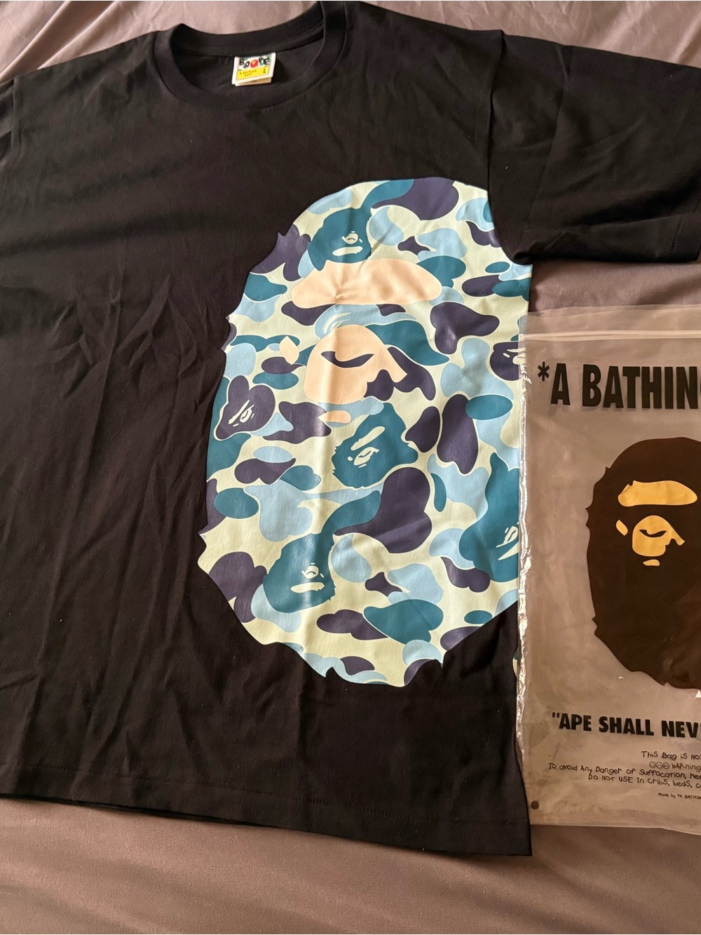 Bape Black Tee with Blue and Cream Camo Ape Head